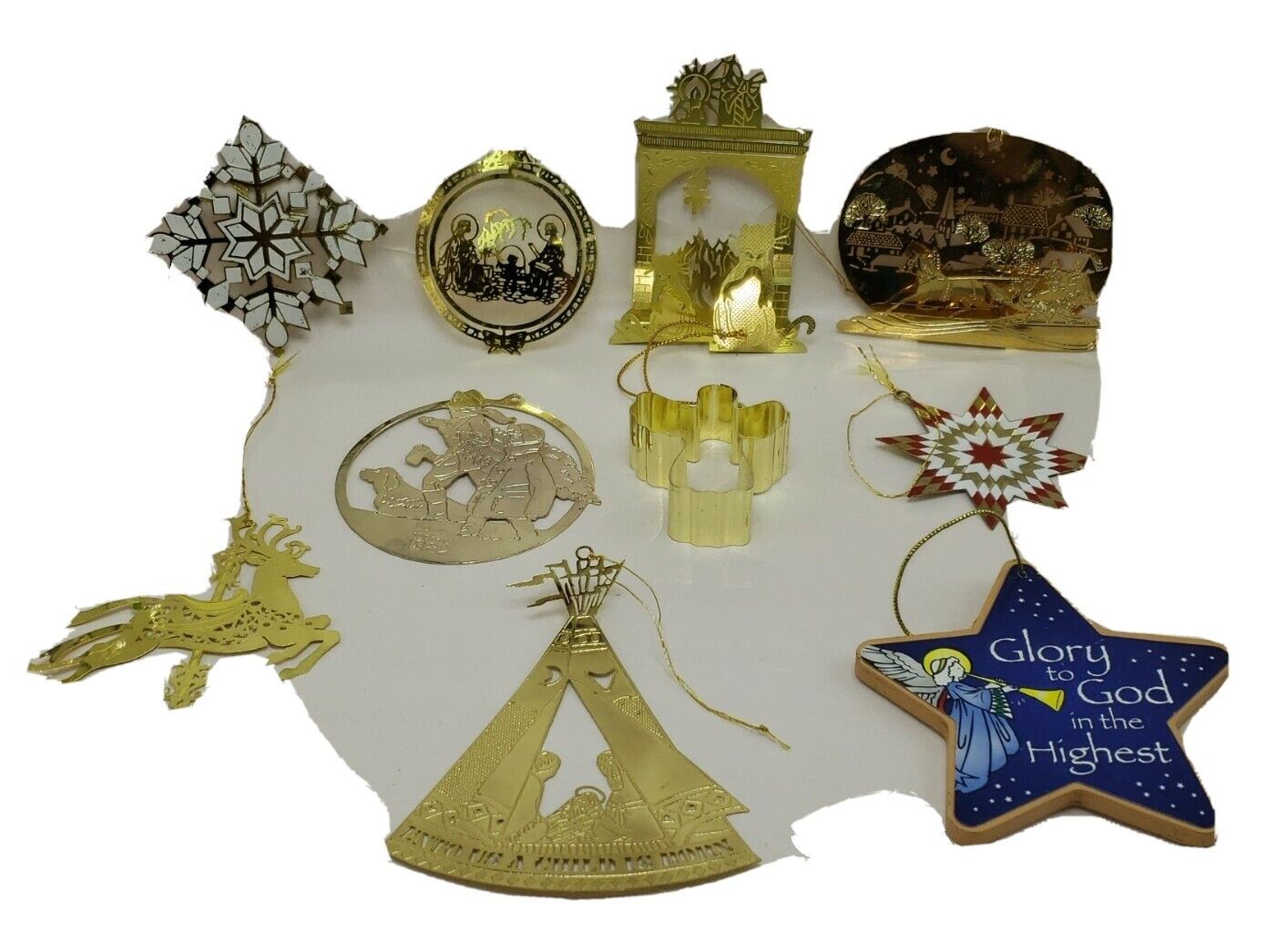 Vintage 10 Pcs Gold Tone Brass Wooden Christmas Ornaments 3D Hallmark Rockwell
