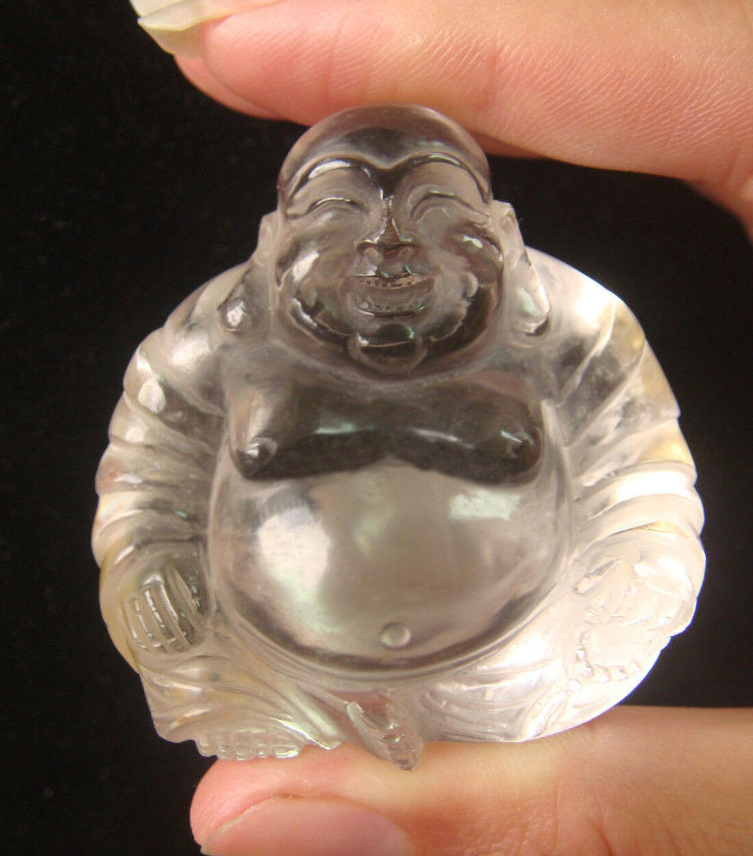 NATURAL QUARTZ CRYSTAL HAPPY BUDDHA  CARVING STATUETTE: HAND-CRAFTED        
