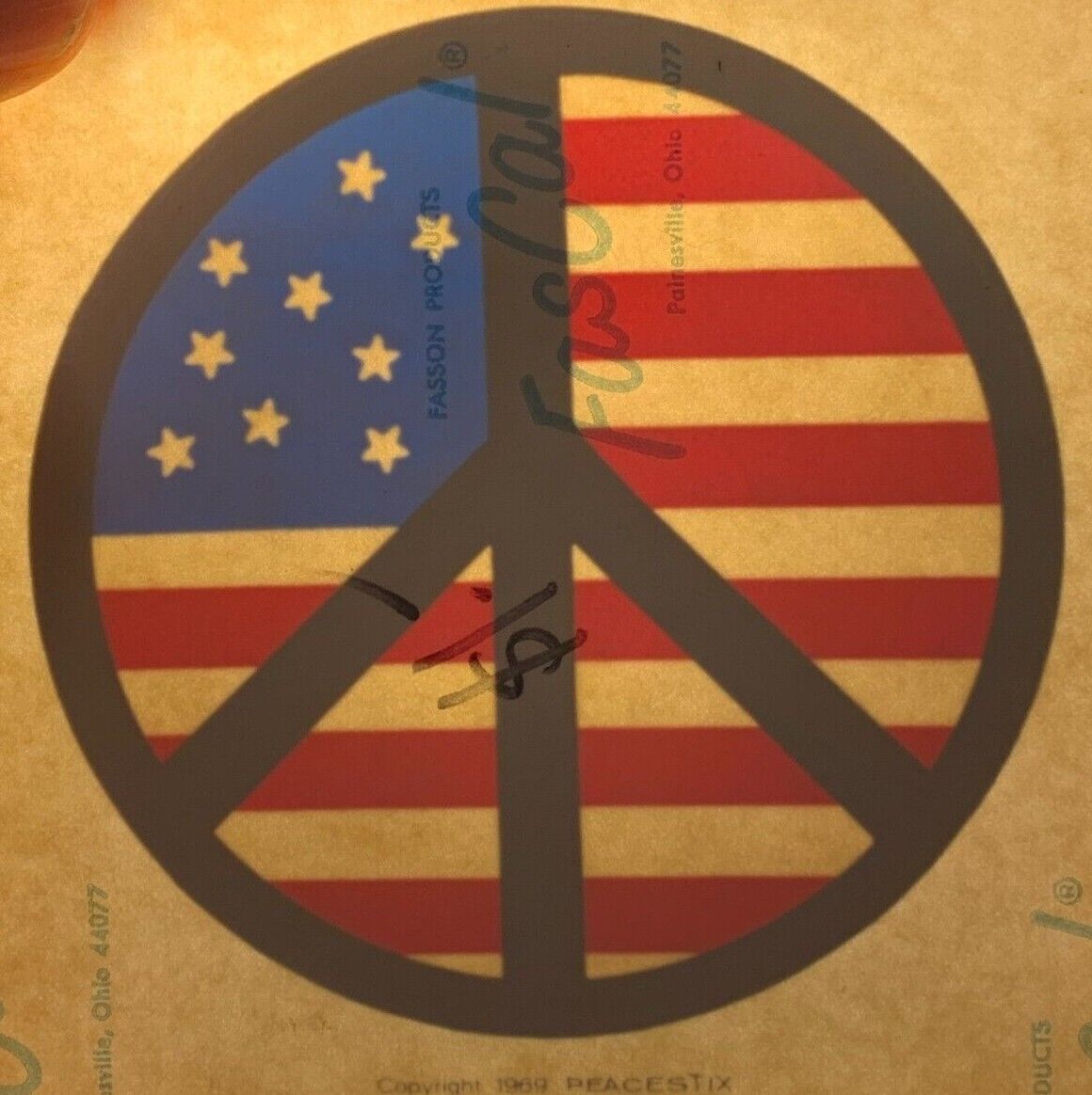 PEACE SIGN VINTAGE 1969 WINDOW DECAL STICKER RED WHITE & BLUE 4.5\