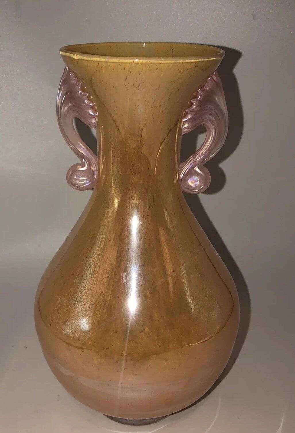 Vintage 9 Inch Art Glass Vase Orange And Pink Iridescent Lusterware