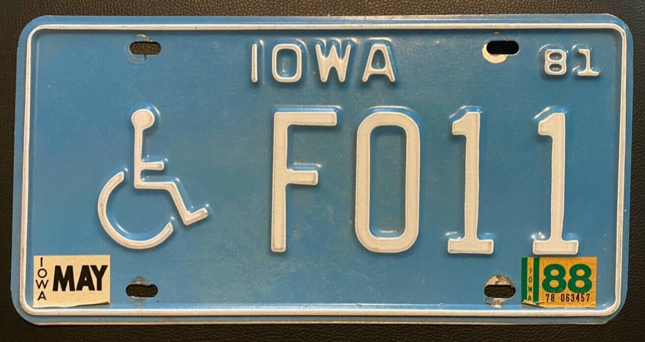 Vintage License Plate Iowa 1980\'s Handicap Car Tags Blue and White