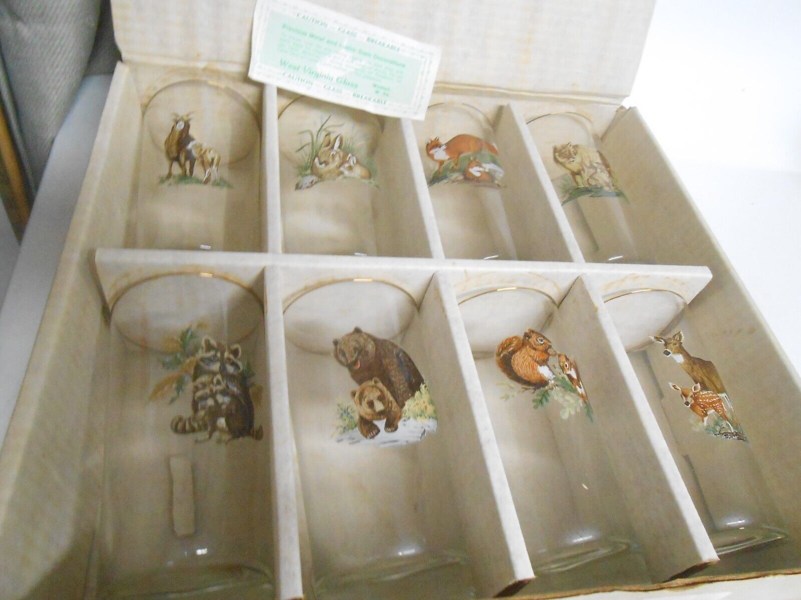 Vintage West Virginia Glass Animals Hi Ball Glass 8 Piece set box Bear Deer fox