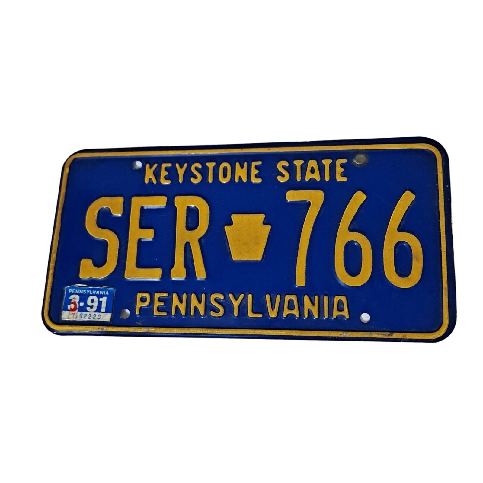 Vintage Pennsylvania License Plate Keystone State Issued 91 SER 766 Yellow Blue