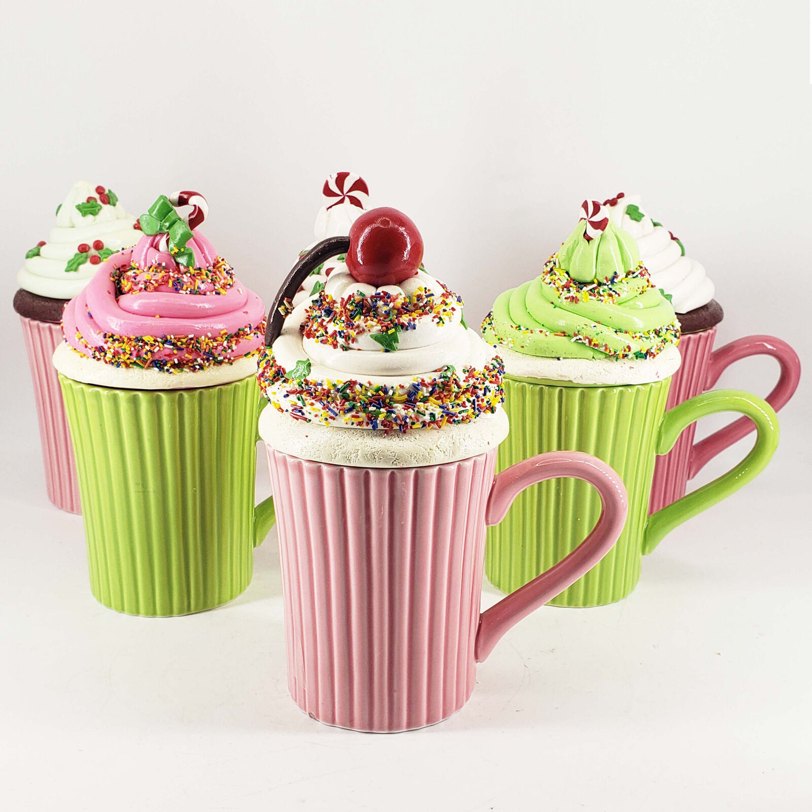 6 Ganz Cupcake Hot Chocolate Whipped Cream candy cane sprinkles mugs w lids