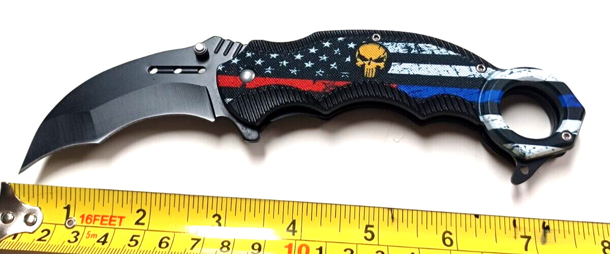 SPRING ASSISTED KNIFE 7.75 INCH APPROX. 3.5 INCH BLADE, BLUE LINE, PUNISHER