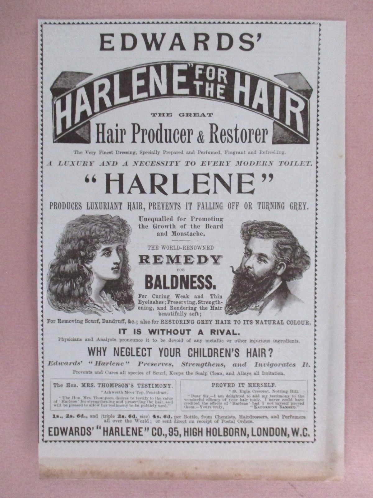 Harlene Hair Restorer PRINT AD - 1896 ~~ baldness cure, remedy