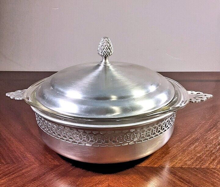 Vintage Old Colony Pewter 3 Piece Set - Bowl Carrier w/ Lid & Clear Pyrex Bowl