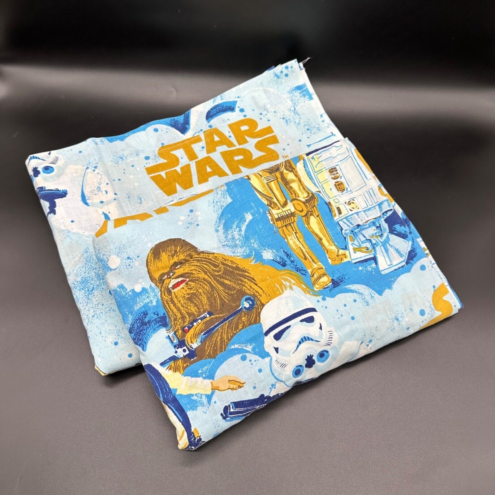Vintage Star Wars Flat Fitted Sheet Twin Size 1970s Bibb USA Movie Blue Gold