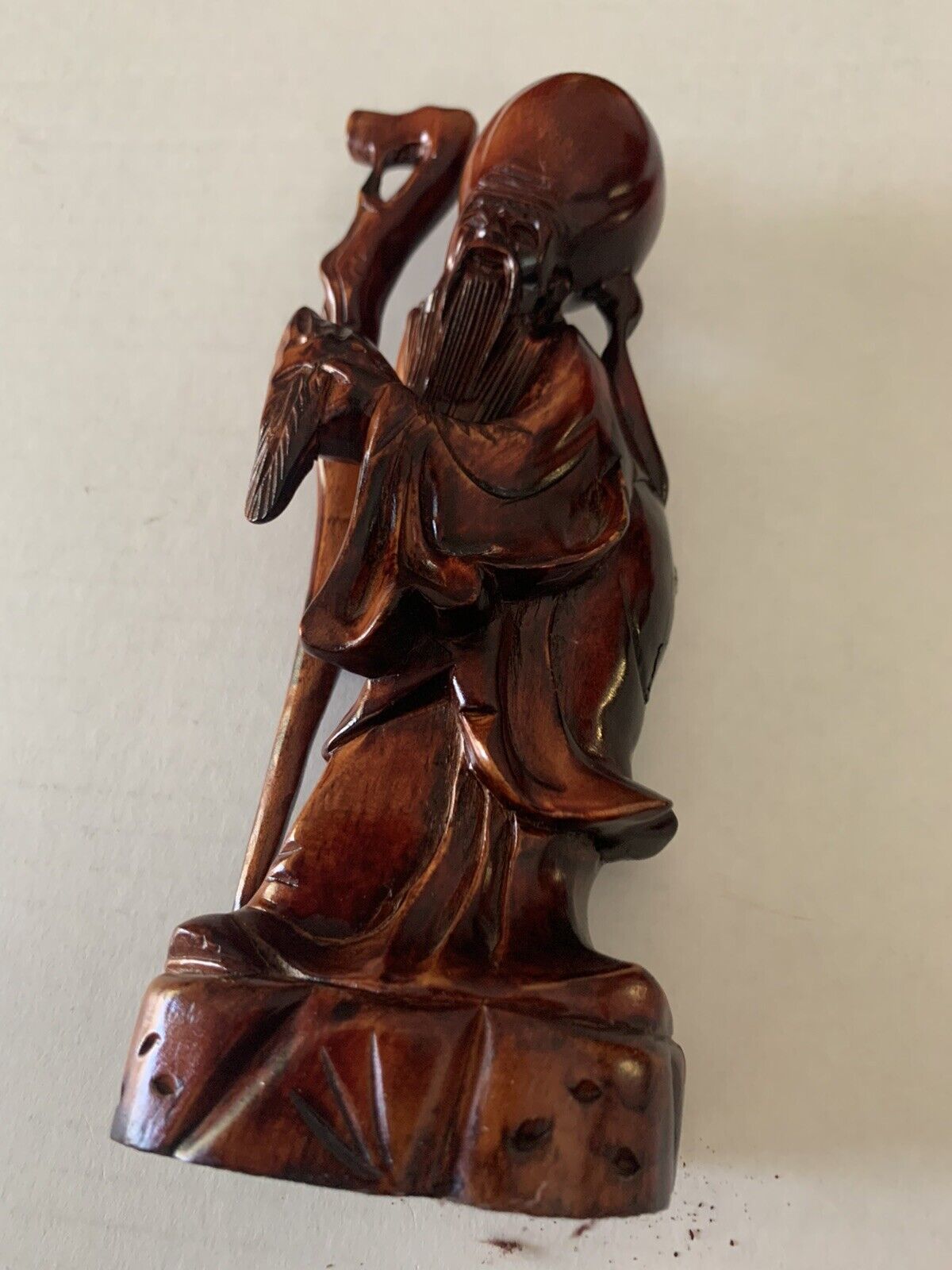 Vintage Chinese Immortal God Of Longevity Shou Lao Hand Carved Wood Statue 7.5”.