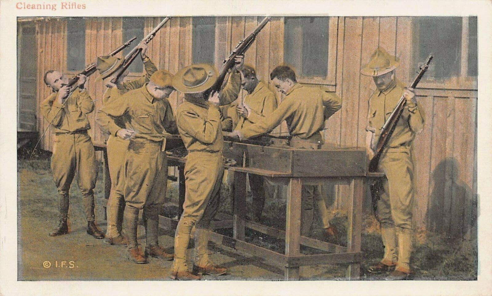 United States Army Soldiers Cleaning Rifles early postcard, Unused 