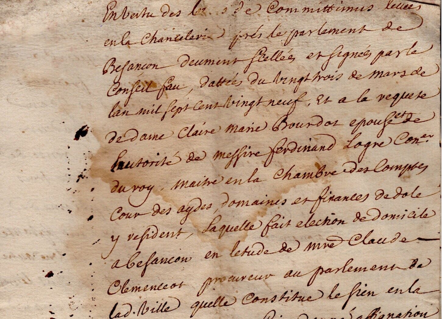 1730 Assignation d'huissier Dôle BOURDOT LOGRE Auvet Autrey GRISOUARD CHEVIOT