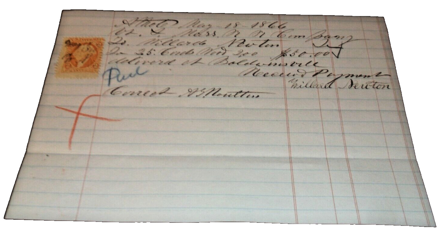 MAY 1866 VERMONT & MASSACHUSETTS RAILROAD 25 CORDS OF WOOD RECEIPT FITCHBURG B&M