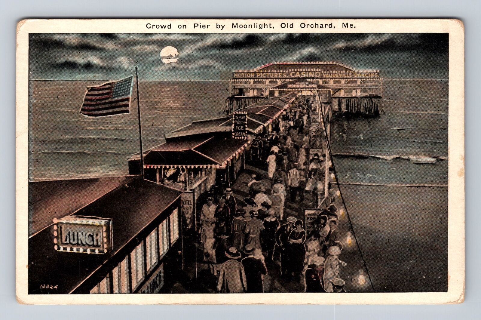 Old Orchard ME-Maine, Crowd On Pier By Moonlight, Antique, Vintage Postcard