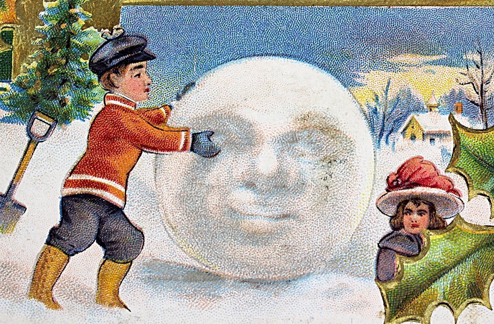 c.1910 Children Playing Snowball Moon Embossed Postcard S.F. CALI. Cancel #85