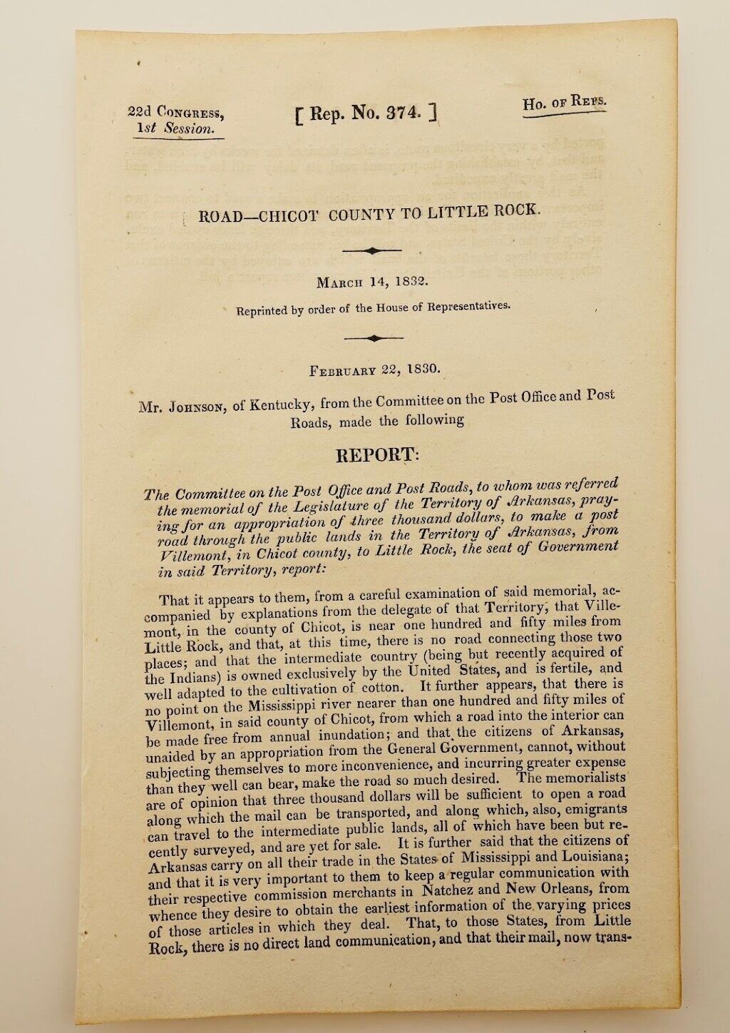 1832 US House Committee Report, Arkansas Territory Funding Request for New Road