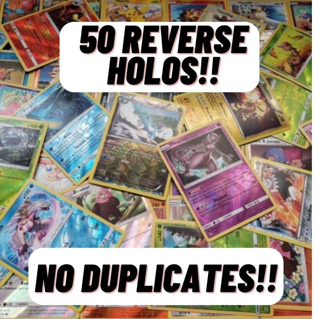 Pokémon Lot: 50 Reverse Holo Cards, No Duplicates Collection for Trainers