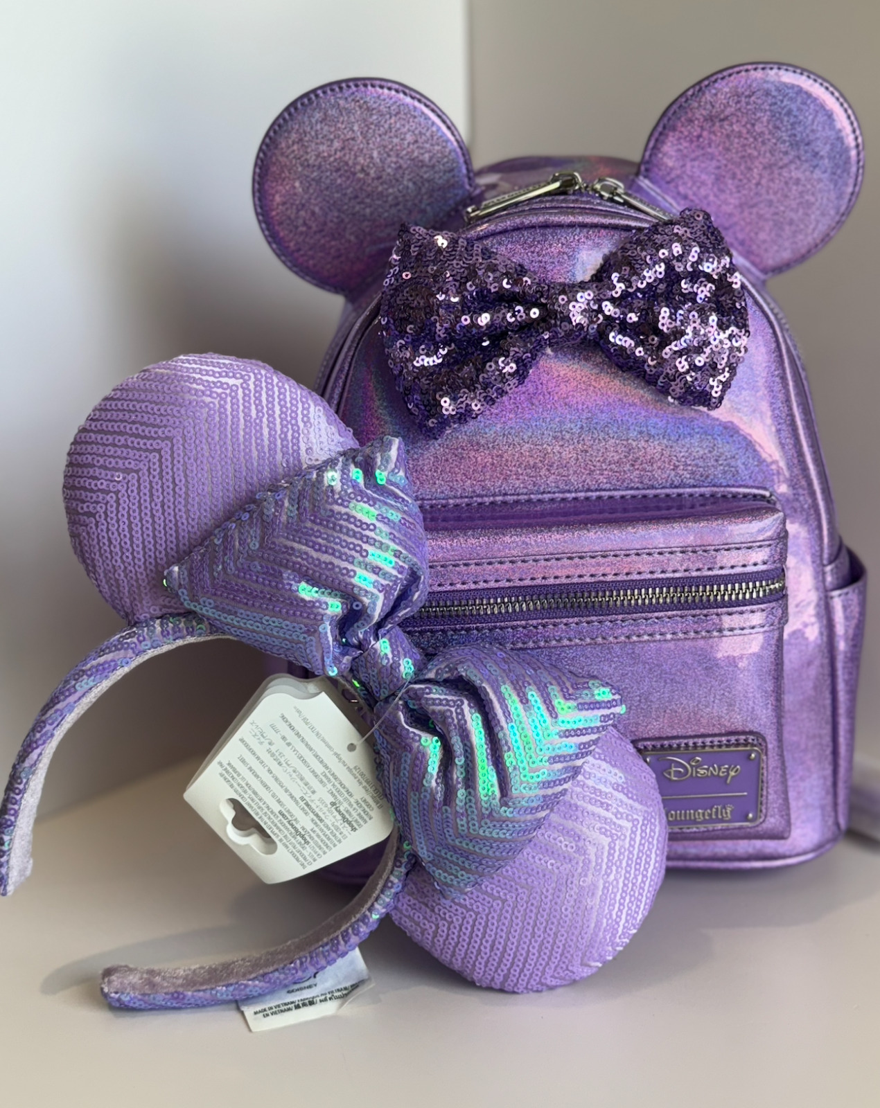 Loungefly Disney Parks PURPLE GLITTER SPARKLE Minnie Mouse Backpack + Sequin Ear
