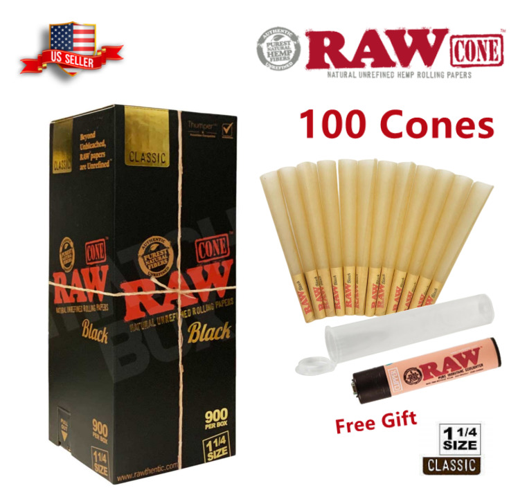 Authentic RAW Black 1 1/4 Size Pre-Rolled Cones 100 Pack & Free Clipper Lighter