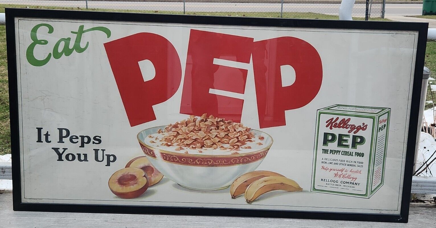 Rare Vtg Kelloggs Ceral 1920s Eat Pep Cearl  Advertising Banner Litho Art Poster