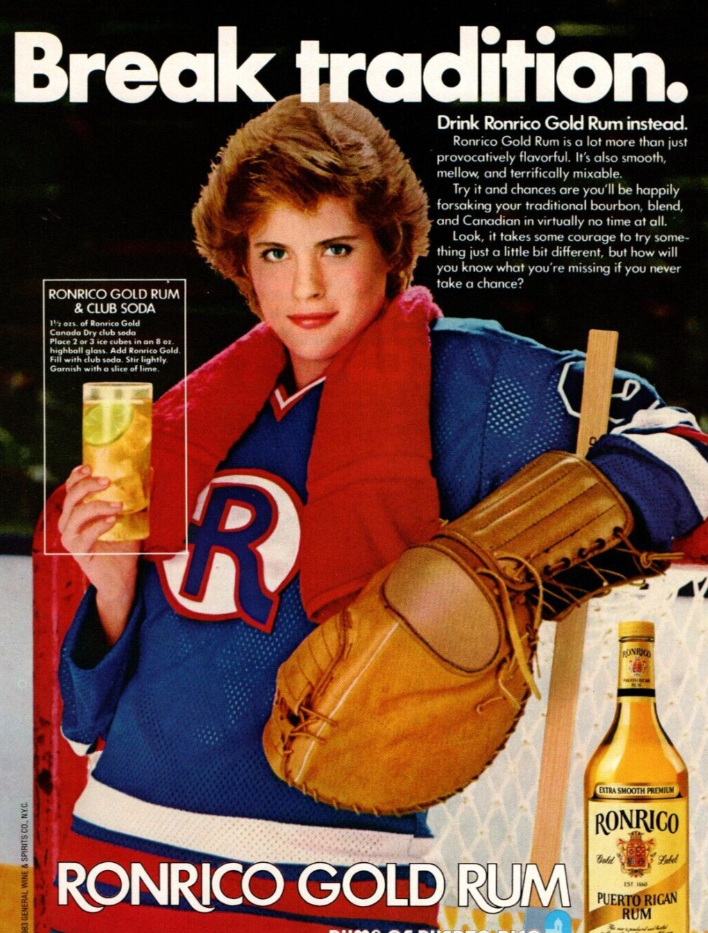 1983 RONRICO GOLD RUM PRINT AD, SEXY WOMAN HOCKEY PLAYER,  ALCOHOL PRINT AD