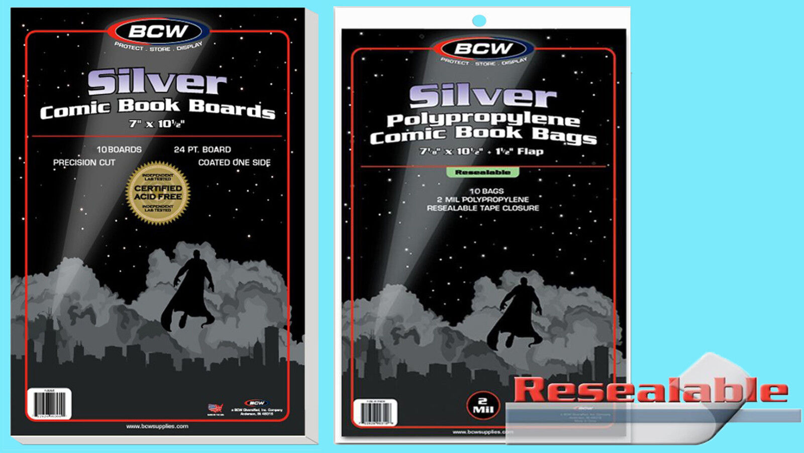 10 BCW SILVER RESEALABLE COMIC BOOK BAGS & BACKING BOARDS Clear Plastic No Acid