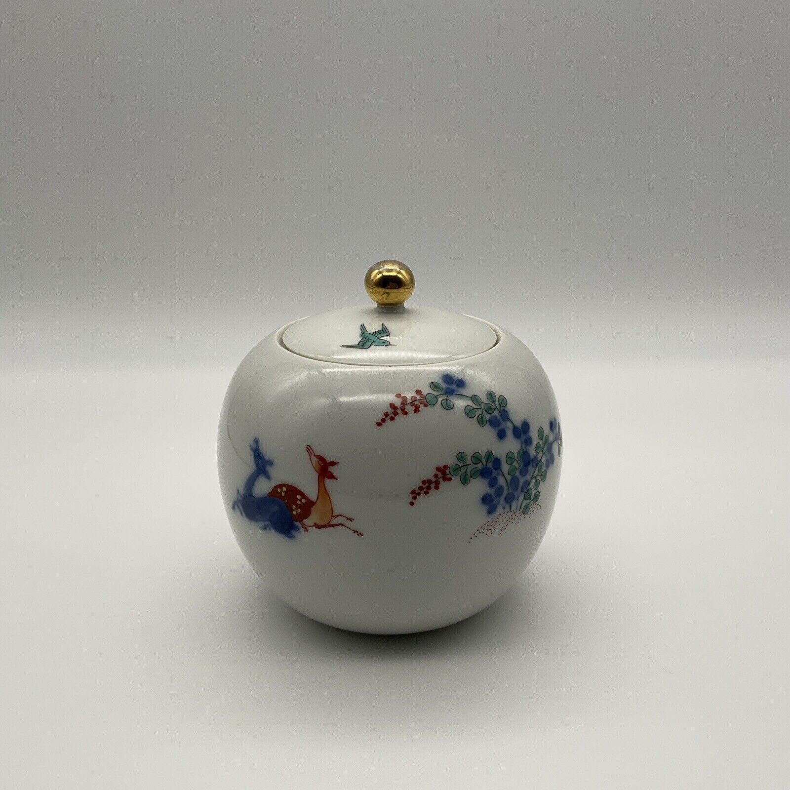 Vintage Ca.1930s Japanese Fukagawa Hand Painted Porcelain Jar with Lid, 4.25” H