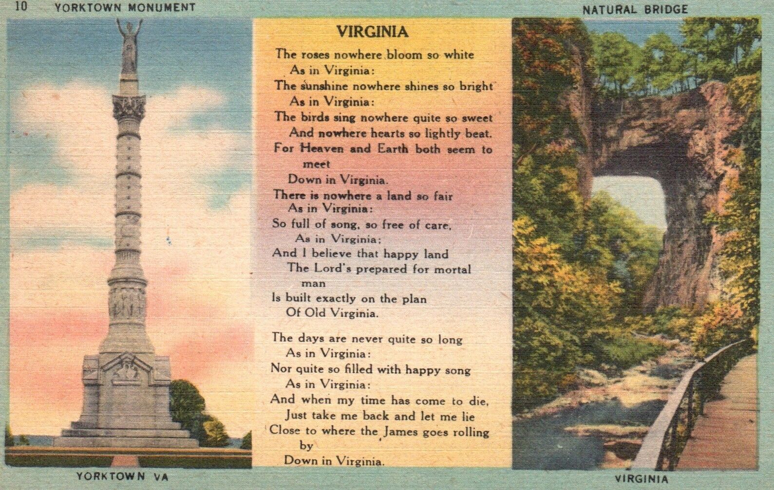 Virginia, VA, Poem, Yorktown Monument, Natural Bridge, 1952 Linen Postcard e550