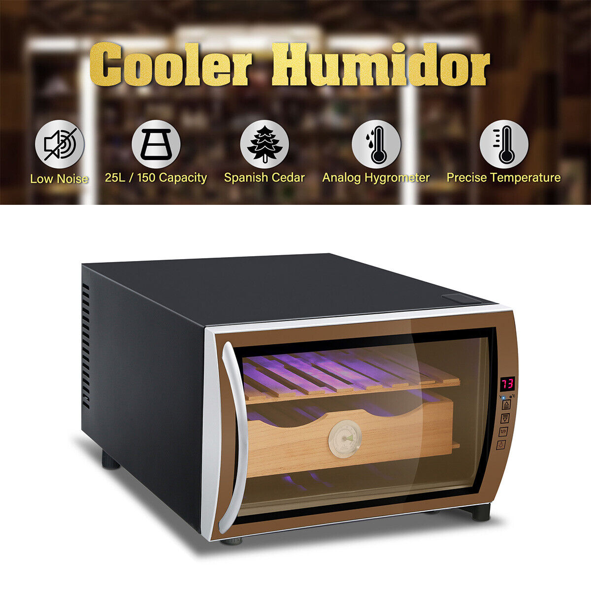 25L Electric Humidor Cigar Cooler w/ Spanish Cedar Wood Shelves, 150 Capacity
