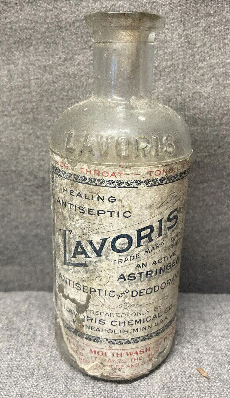 Antique LAVORIS CHEMICAL Co Embossed Paper Label Mouthwash Healing Bottle