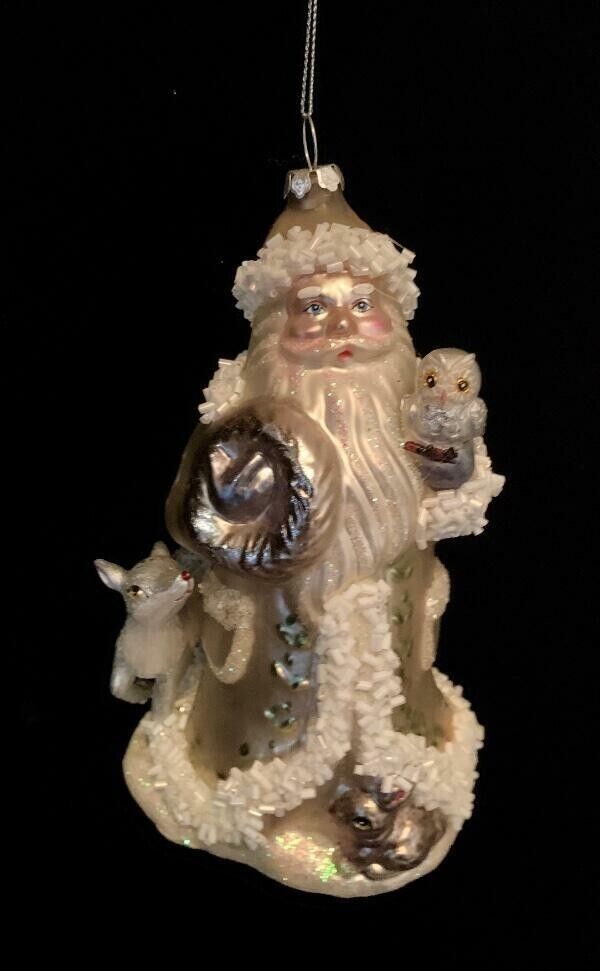 Santa In a Gold and White Robe With Owl & Deer Christmas Ornament Glass