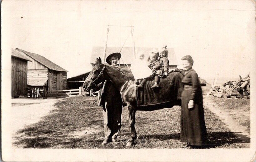 Vintage RPPC Postcard Family of Farmers Children Kids on Horse              B-80