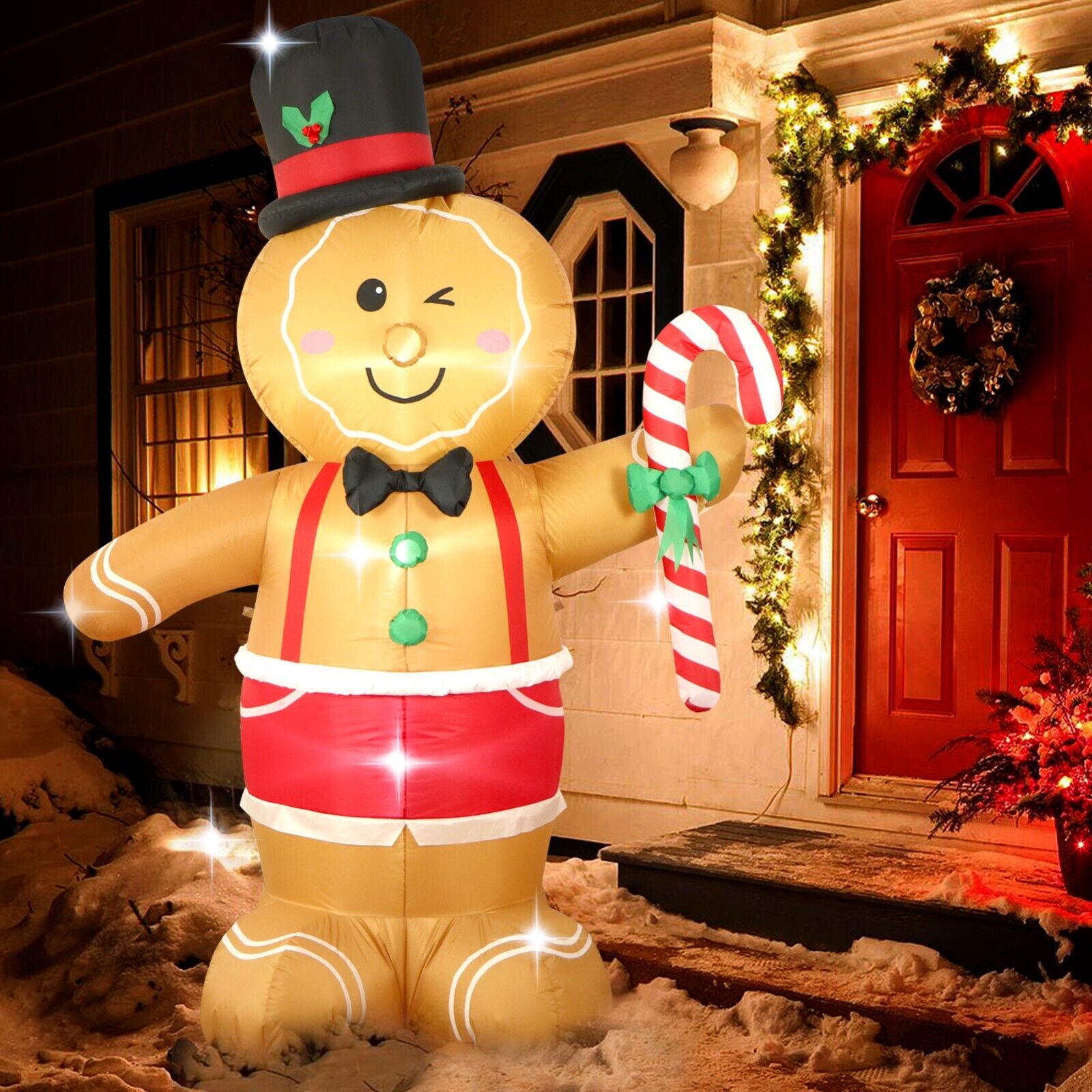 Fanshunlite 8FT Christmas Inflatable Gingerbread Man with Candy Cane Led Light