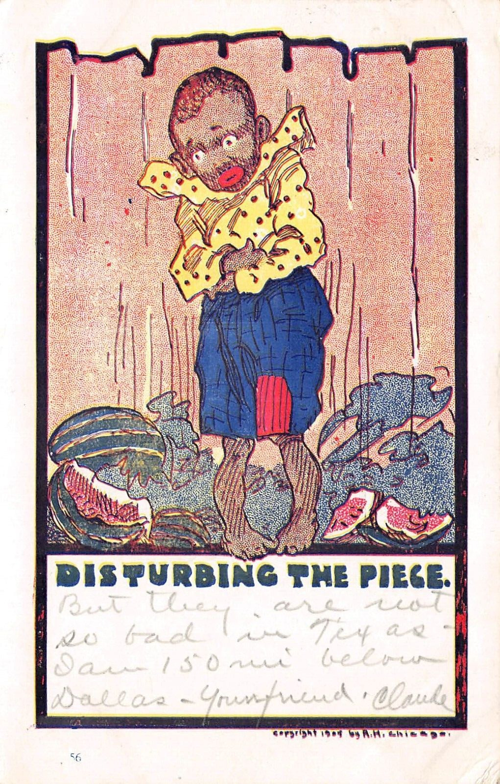 AFRICAN AMERICAN CHILD WITH WATERMELON DISTURBING THE PIECE 1906 P0STCARD 9462