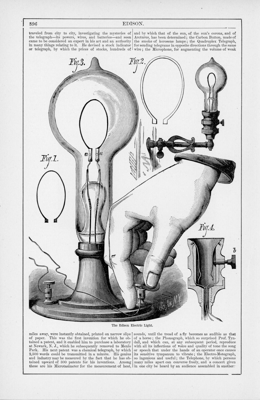 1898 ENGRAVING THOMAS EDISON\'S ELECTRIC LIGHT BULB