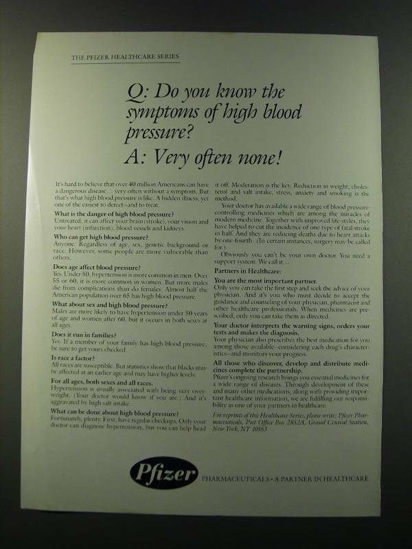 1986 Pfizer Pharmaceuticals Ad - Know the symptoms of high blood pressure?