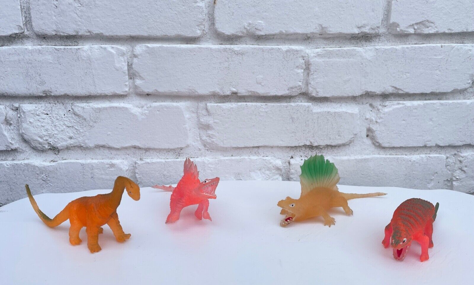 Vintage Plastic Neon Dinosaur Toys Figurines 80s Pink Orange Green Nostalgia