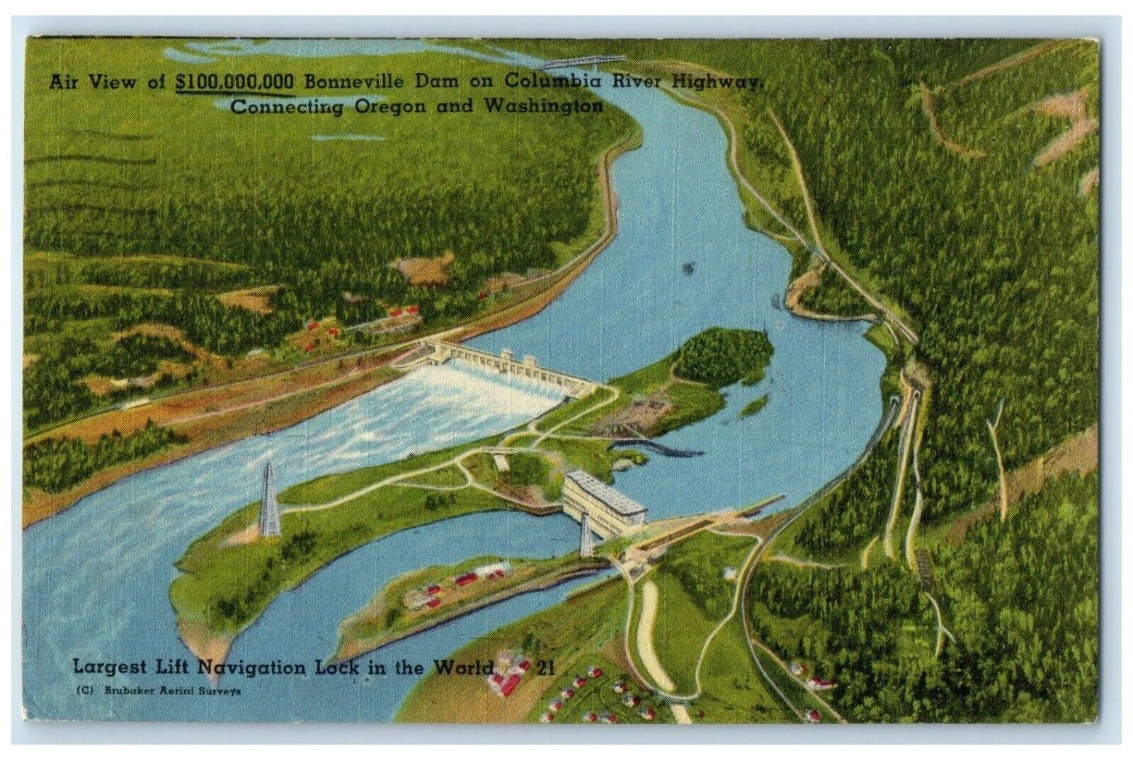 1954 Air View Bonneville Dam Columbia River Highway Portland Oregon OR Postcard