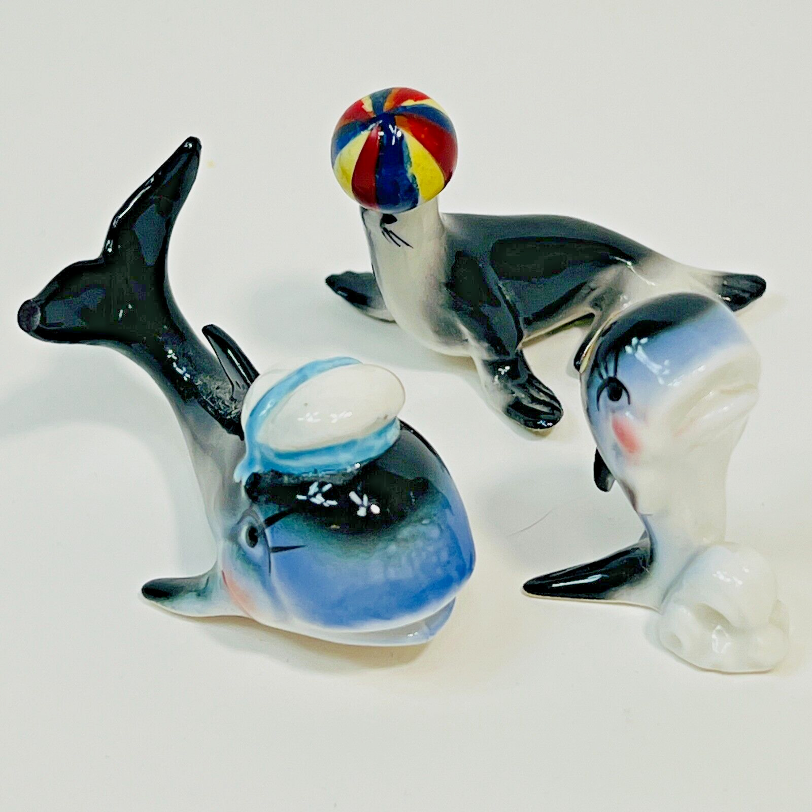 Kelvin’s Japan Vintage mini porcelain Whales with Sailor Hats Seal with a Ball
