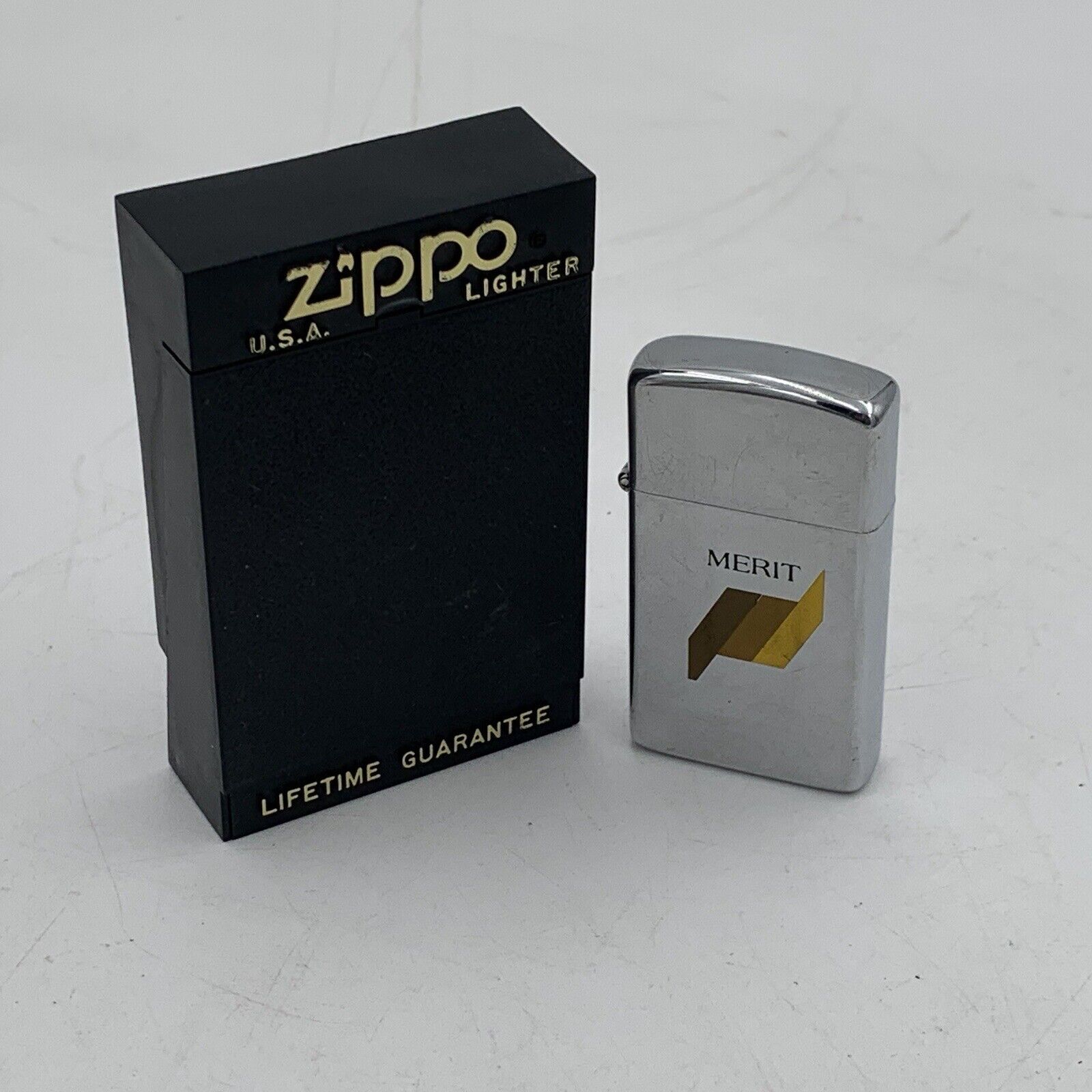VTG Slim Zippo Lighter Chrome MERIT Cigarettes Tobacco Logo Unfired 1981 W/ Box