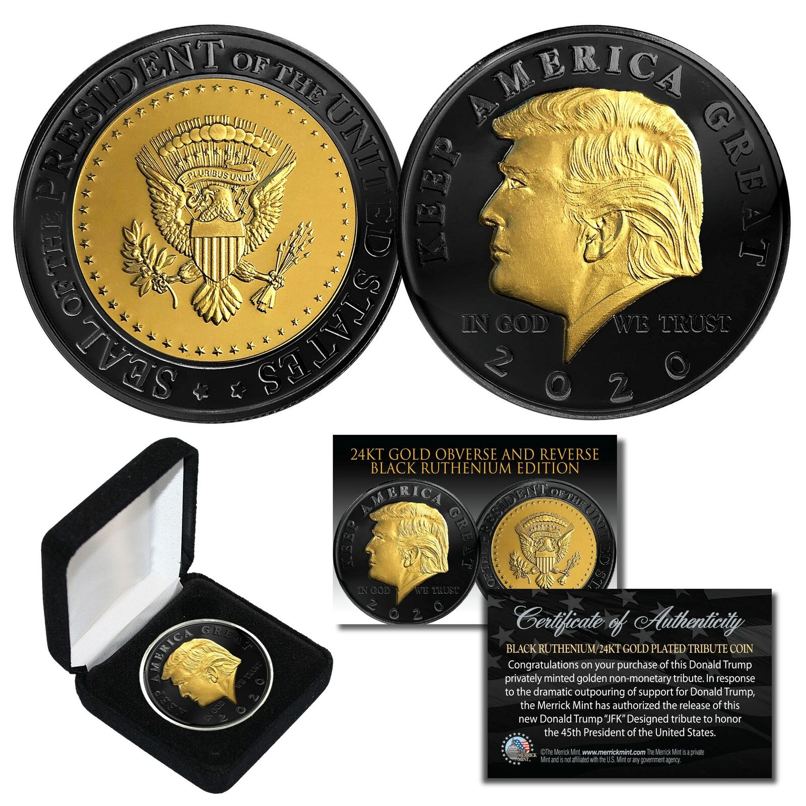 DONALD TRUMP '20 Keep America Great BLACK RUTHENIUM 24K GOLD Medallion Coin wBOX