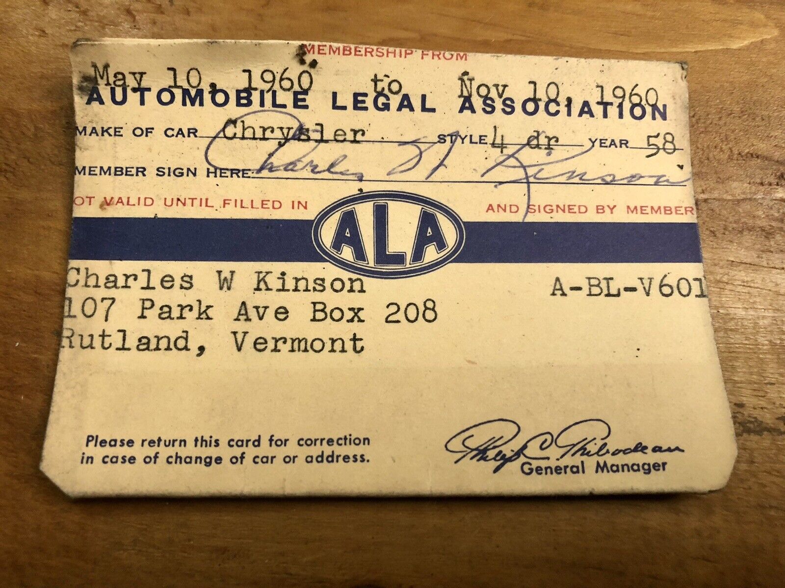 Vintage ALA Automobile Legal Association Membership card 1958 Vermont