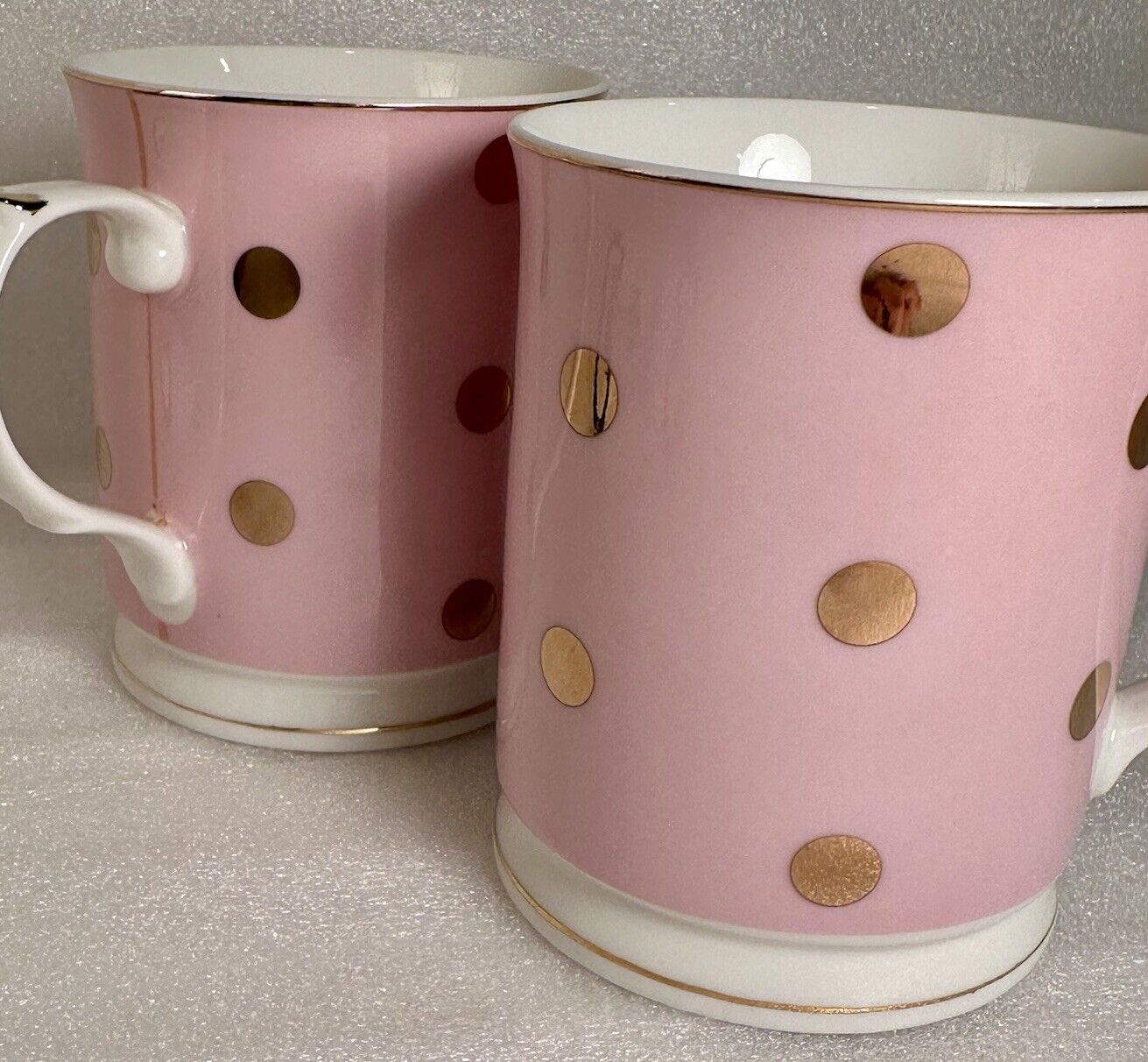 Grace Teaware Pink Ceramic Porcelain Gold Polka Dot Tea Coffee Mug Pair