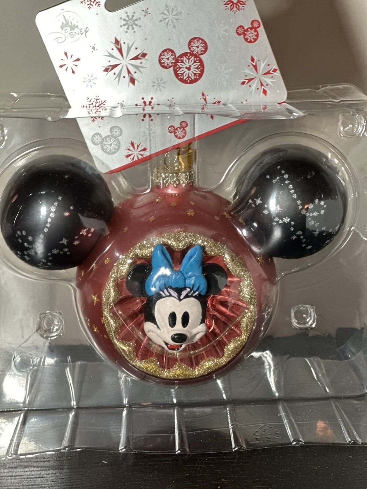 DISNEY Minnie Mouse Double Sided Glass Sunburst ICON Mickey Ear Ornament NWT