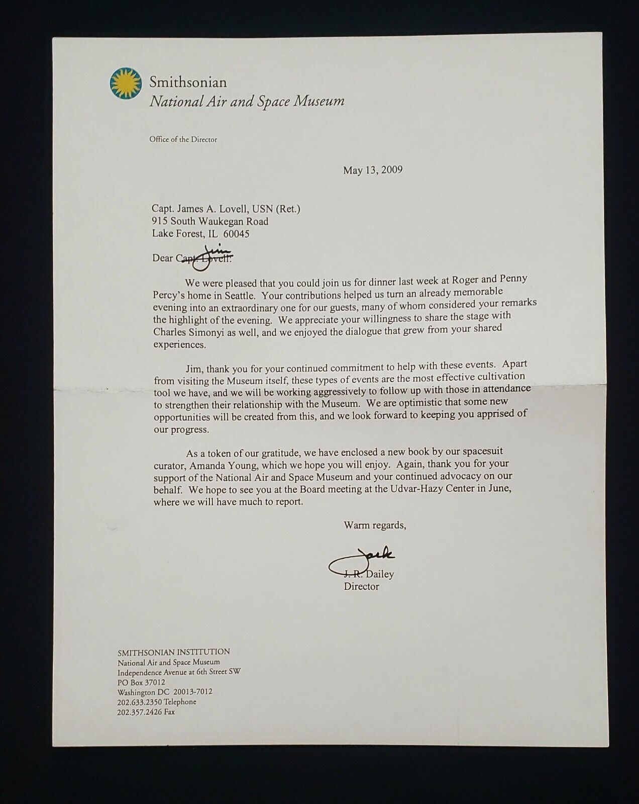 Astronaut James Lovell ESTATE, Signed letter to Jim Lovell from the Smithsonian