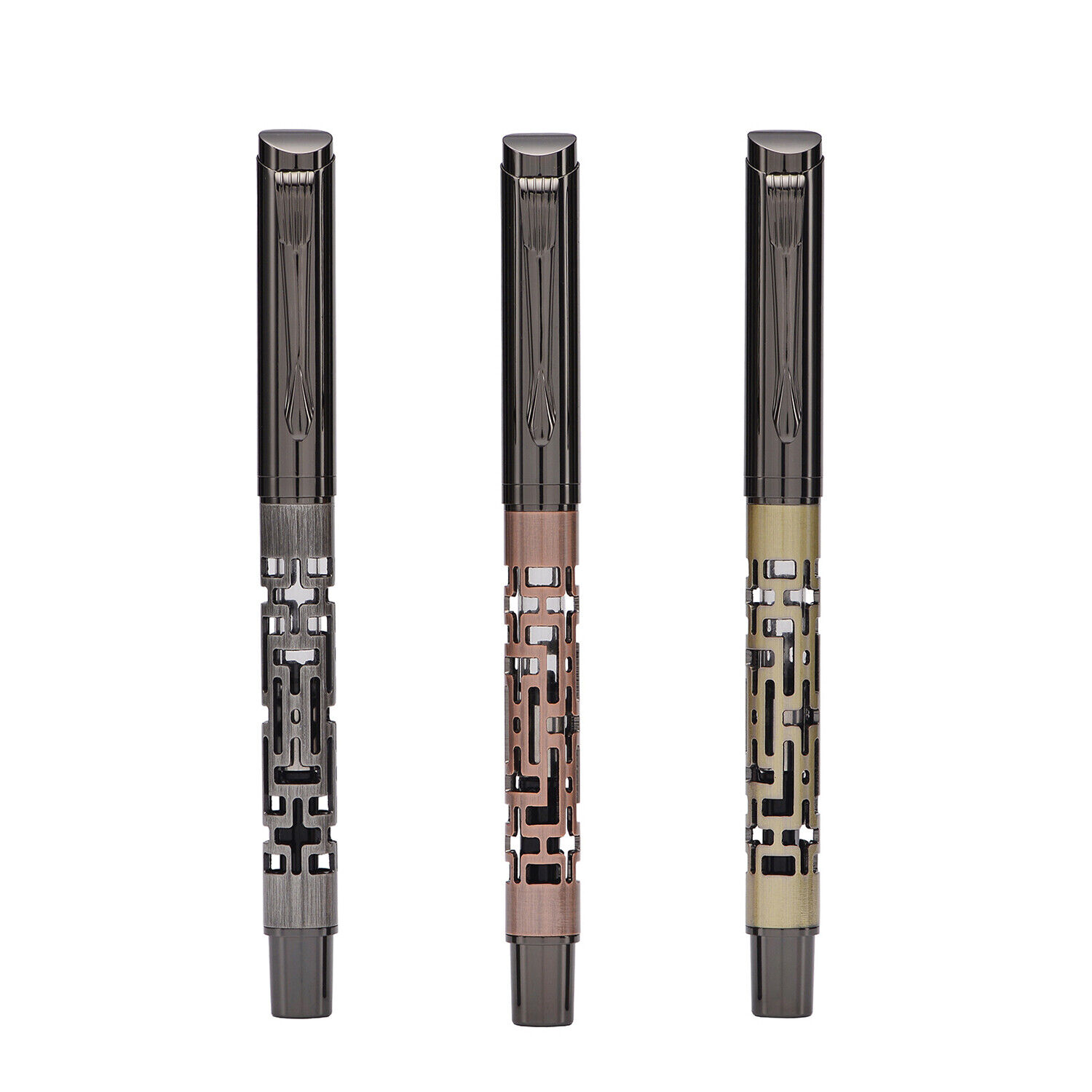 3 PCS Yiren 890 Metal Cutout Fountain Pen Extra Fine Nib, Retro Copper Pen Set