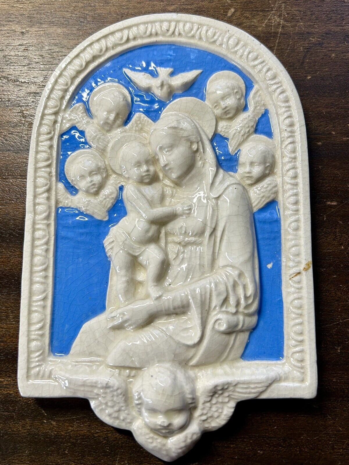 5”x7” Della Robbia Style Wall Plaque With Virgin Of Boccadirio, Pre Owned.