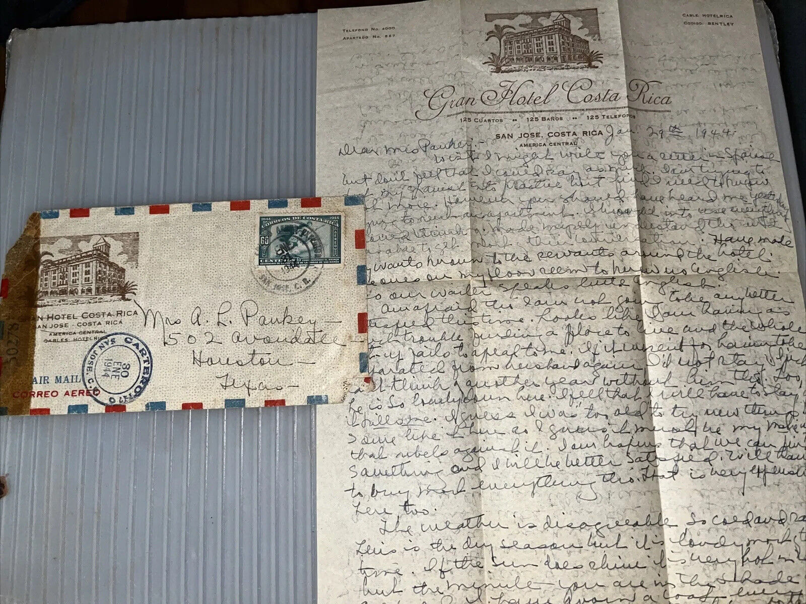 Antique 1944 Correspondence: Gran Hotel Letterhead: San Jose Costa Rica Postmark