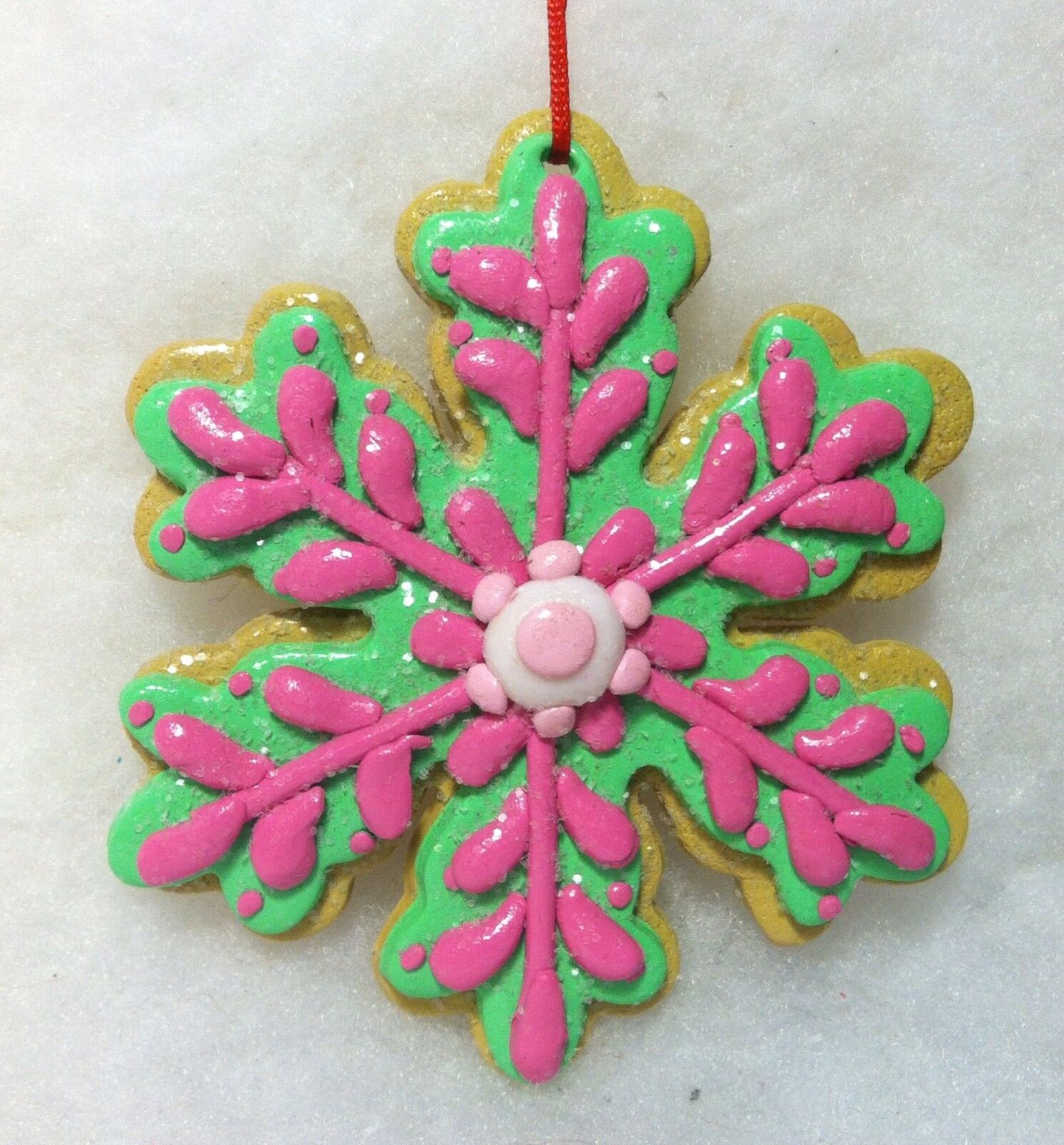 Snowflake Cookie Christmas Tree Ornament pink, sweets, decorated