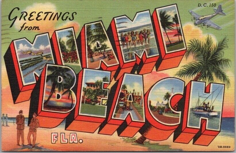 MIAMI BEACH Florida Large Letter Postcard Beach Scene / Curteich Linen 1944