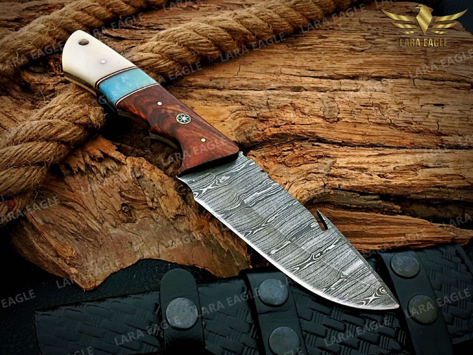 Damascus Steel Skinner Gut Hook Knife, Handmade Hunting Knife + Leather Sheath